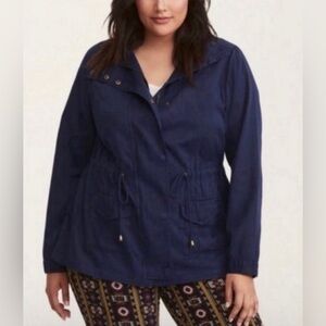 Torrid Utility Jacket Blue Stretch Twill Cinched Waist Size 10 Pockets Lagenlook